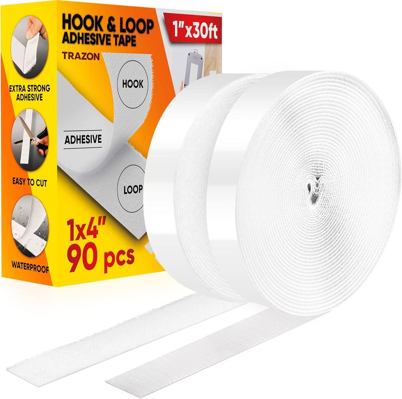 Trazon Hook and Loop Tape Roll with Heavy Duty Adhesive Industrial Strength Easy to Cut, Strong Hook and Loop Strips with Sticky Back, White, 1 Inch * 30 Feet - Image 1